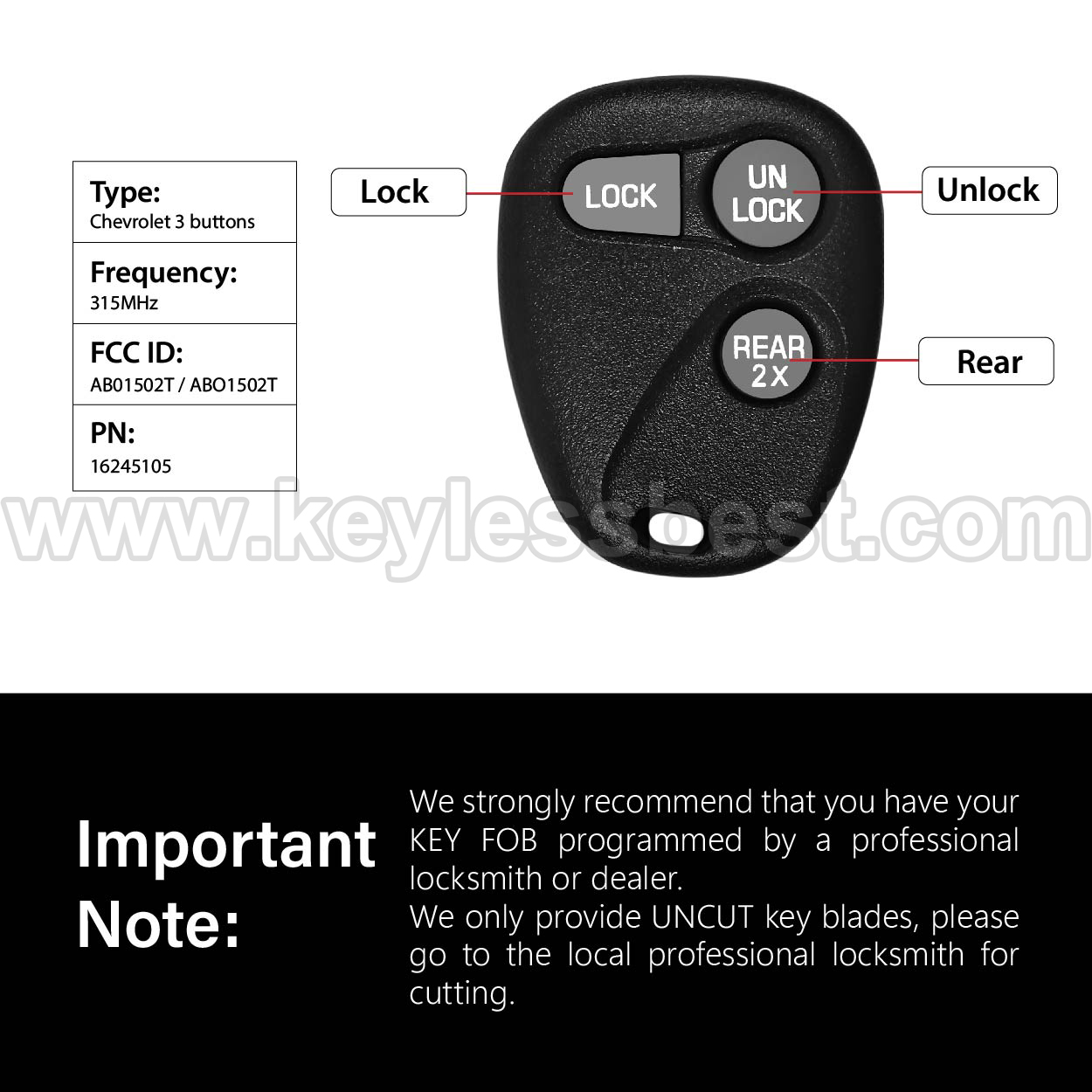 1996-2000 Chevrolet GMC Astro Blazer Suburban Tahoe Jimmy Safari Yukon / 3 Buttons Keyless Entry Remote / AB01502T, ABO1502T / PN:16245105 - Image 3