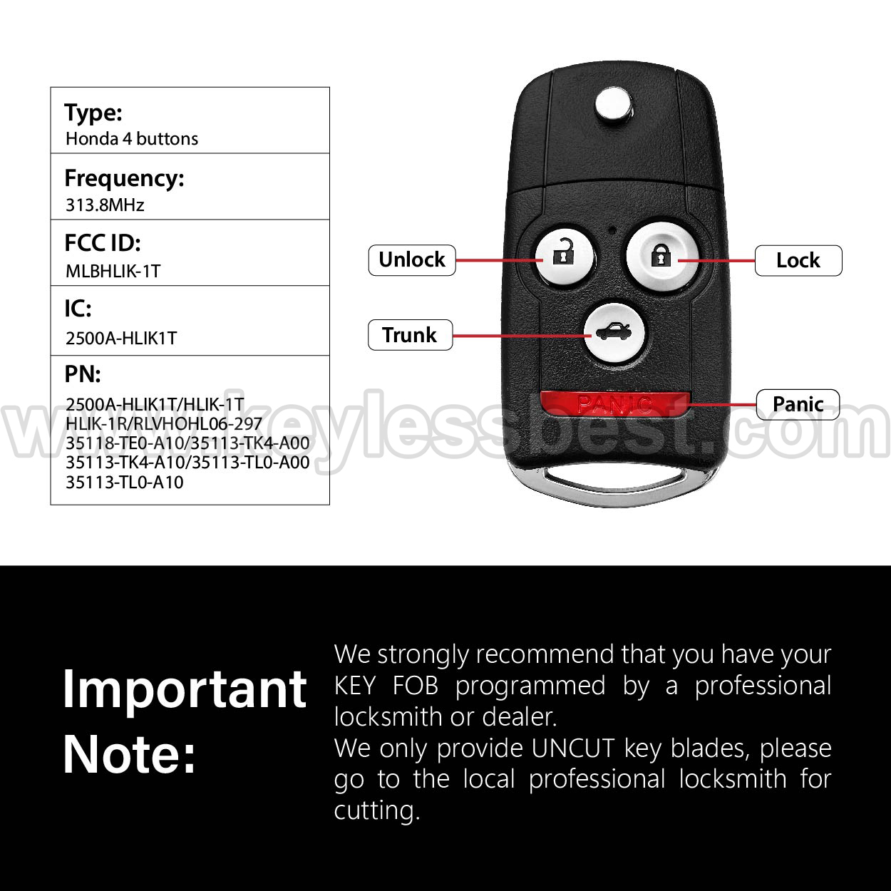 2008 - 2014 Acura Honda TL TSX ZDX Accord / 4 Buttons Keyless Entry Remote / MLBHLIK-1T / PN: 2500A-HLIK1T, HLIK-1T, HLIK-1R, RLVHOHL06-297, 35118-TE0-A10, 35113-TK4-A00, 35113-TK4-A10, 35113-TL0-A00, 35113-TL0-A10 / ID46 - Image 3