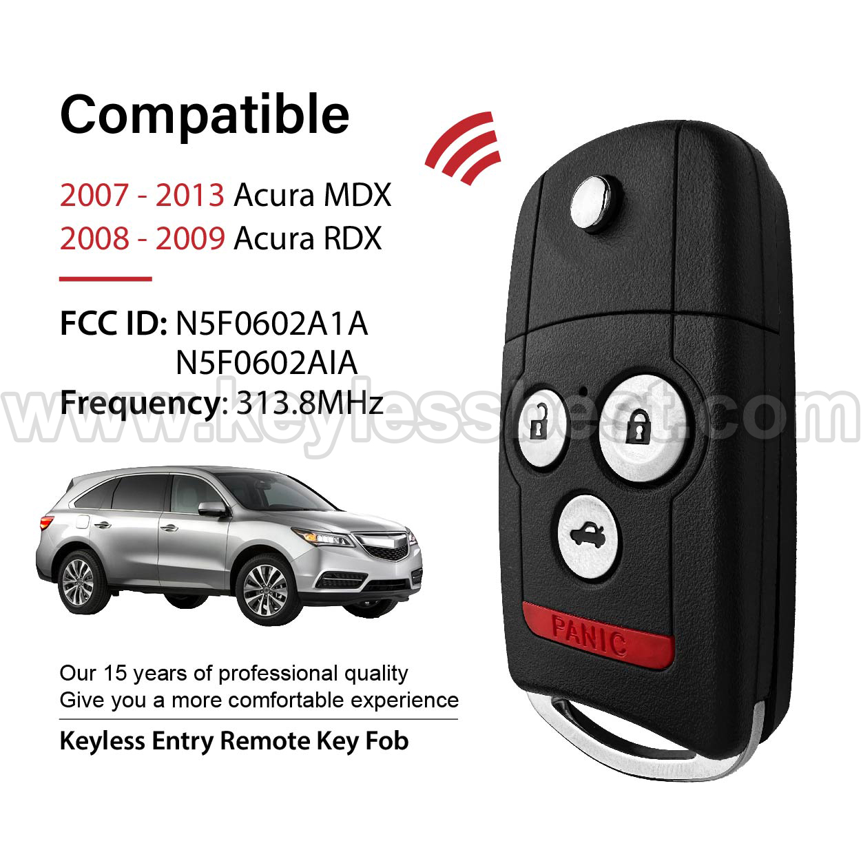 2007 - 2013 Acura MDX RDX / 4 Buttons Keyless Entry Remote / N5F0602A1A, N5F0602AIA / PN: 35111-STX-326, 35111-STX-329 / ID46 - Image 2