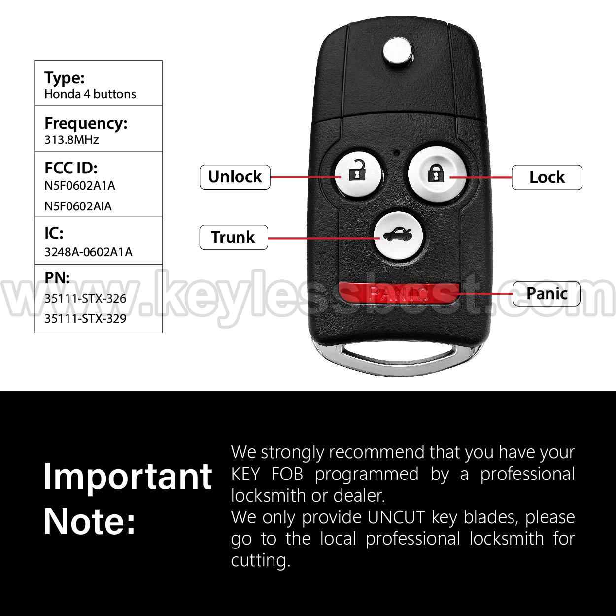 2007 - 2013 Acura MDX RDX / 4 Buttons Keyless Entry Remote / N5F0602A1A, N5F0602AIA / PN: 35111-STX-326, 35111-STX-329 / ID46 - Image 3