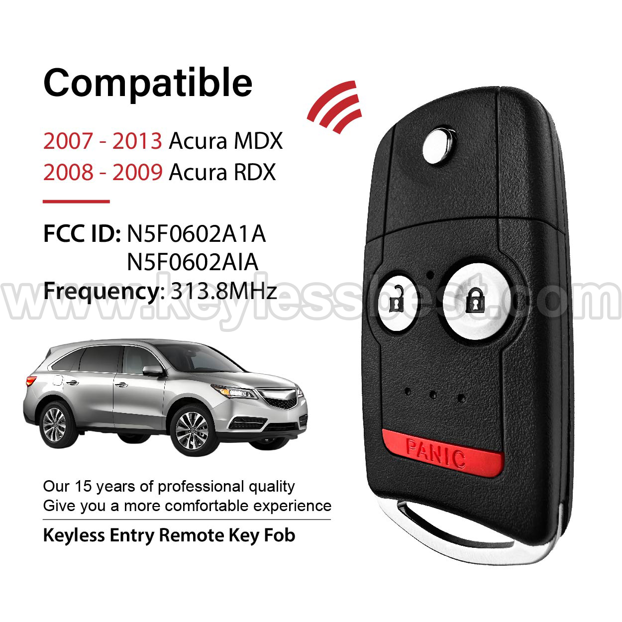 2007 - 2013 Acura MDX RDX / 3 Buttons Keyless Entry Remote / N5F0602A1A, N5F0602AIA / PN: 35111-STX-327, 35111-STX-315, 35111-STX-305, 35111-STX-325 / ID46 - Image 2