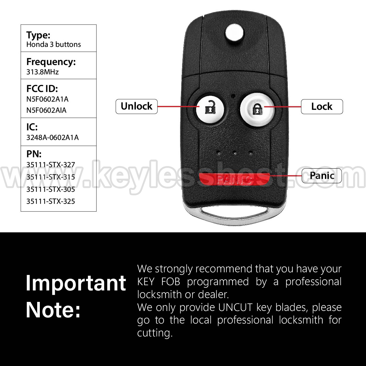2007 - 2013 Acura MDX RDX / 3 Buttons Keyless Entry Remote / N5F0602A1A, N5F0602AIA / PN: 35111-STX-327, 35111-STX-315, 35111-STX-305, 35111-STX-325 / ID46 - Image 3