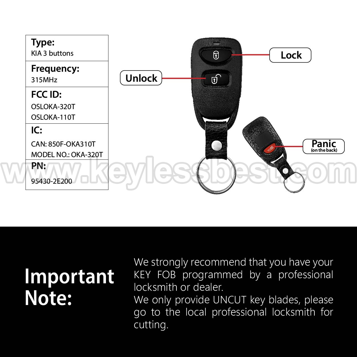 2005-2009 Hyundai Tucson / 3 Buttons Keyless Entry Remote / OSLOKA-320T OSLOKA-110T / PN:95430-2E200 - Image 3