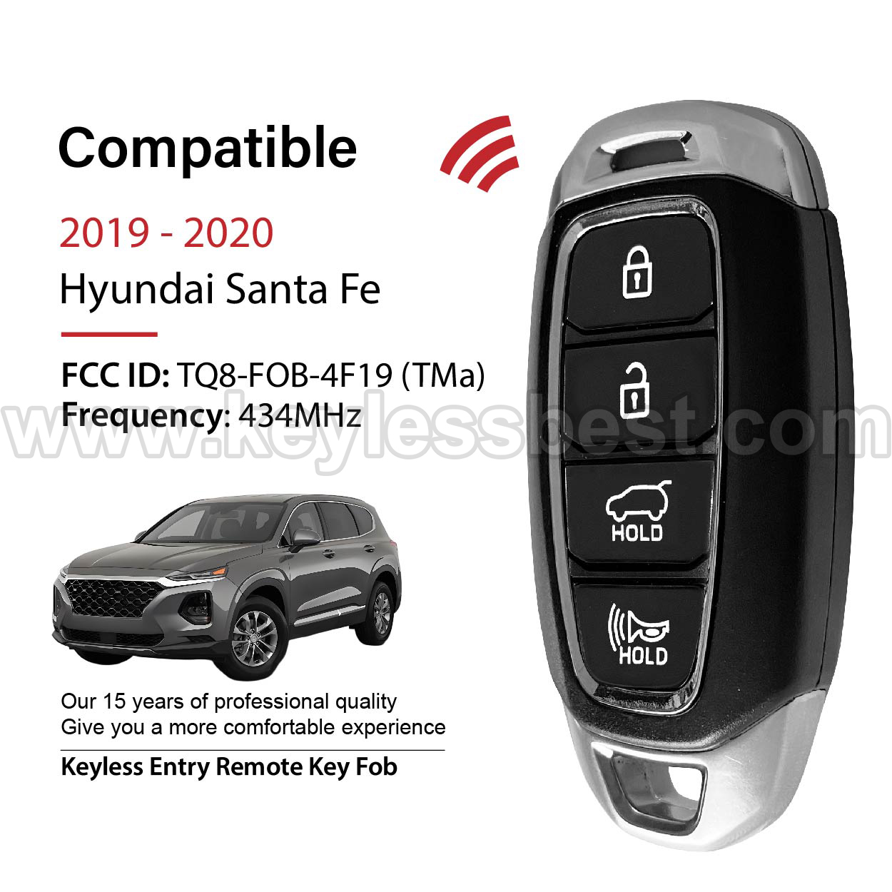 2019-2020 Hyundai Santa Fe / 4 Buttons Keyless Entry Remote / TQ8-FOB-4F19 / PN: 95440-S1000, 95440S1000 - Image 2