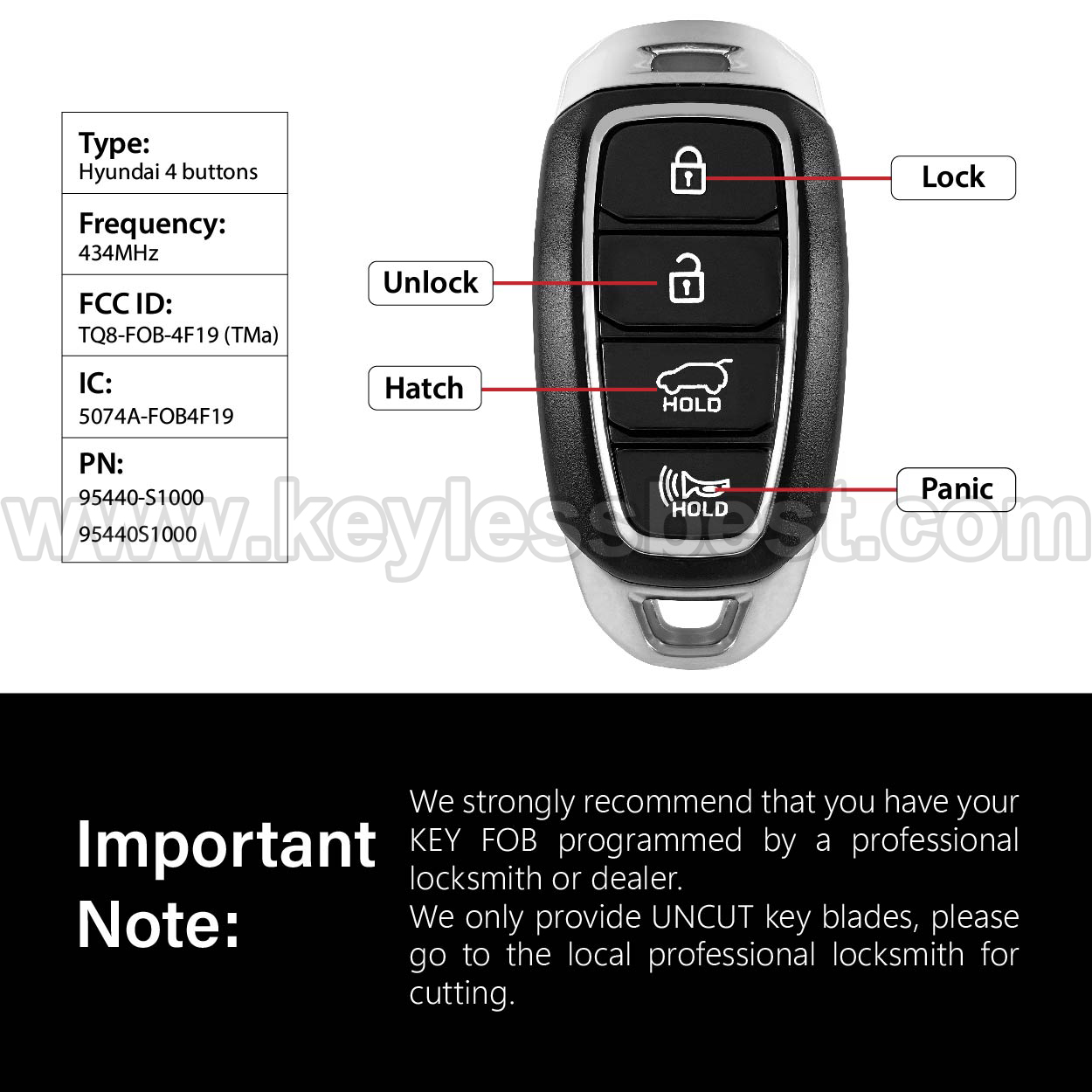 2019-2020 Hyundai Santa Fe / 4 Buttons Keyless Entry Remote / TQ8-FOB-4F19 / PN: 95440-S1000, 95440S1000 - Image 3