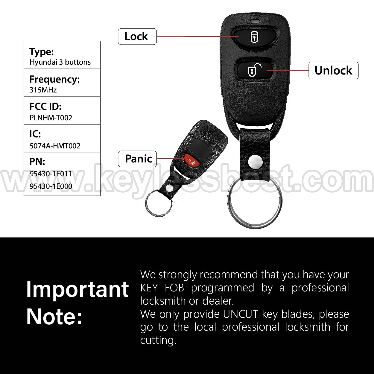 2006-2008 Hyundai Accent / 3 Buttons Keyless Entry Remote / PLNHM-T002 / PN: 95430-1E011,95430-1E000 - Image 3