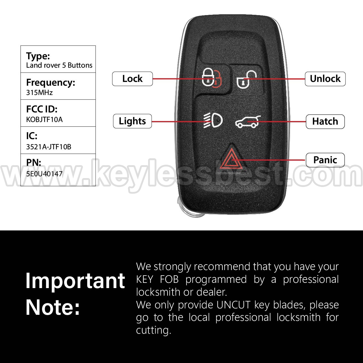 2012-2018 Land Rover LR2 LR4 Discovery / 5 Buttons Keyless Entry Remote / KOBJTF10A / PN: 5E0U40147 - Image 3