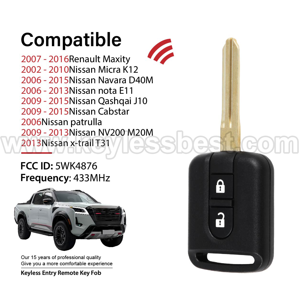 2002-2016 Renault Nissan Maxity Micra Navara D40M nota E11 Qashqai J10 Cabstar patrulla NV200 M20M Pathfinder x-trail T31 / 2 Buttons Keyless Entry Remote / 5WK4876 / PN:5WK4876 / 46 - Image 2