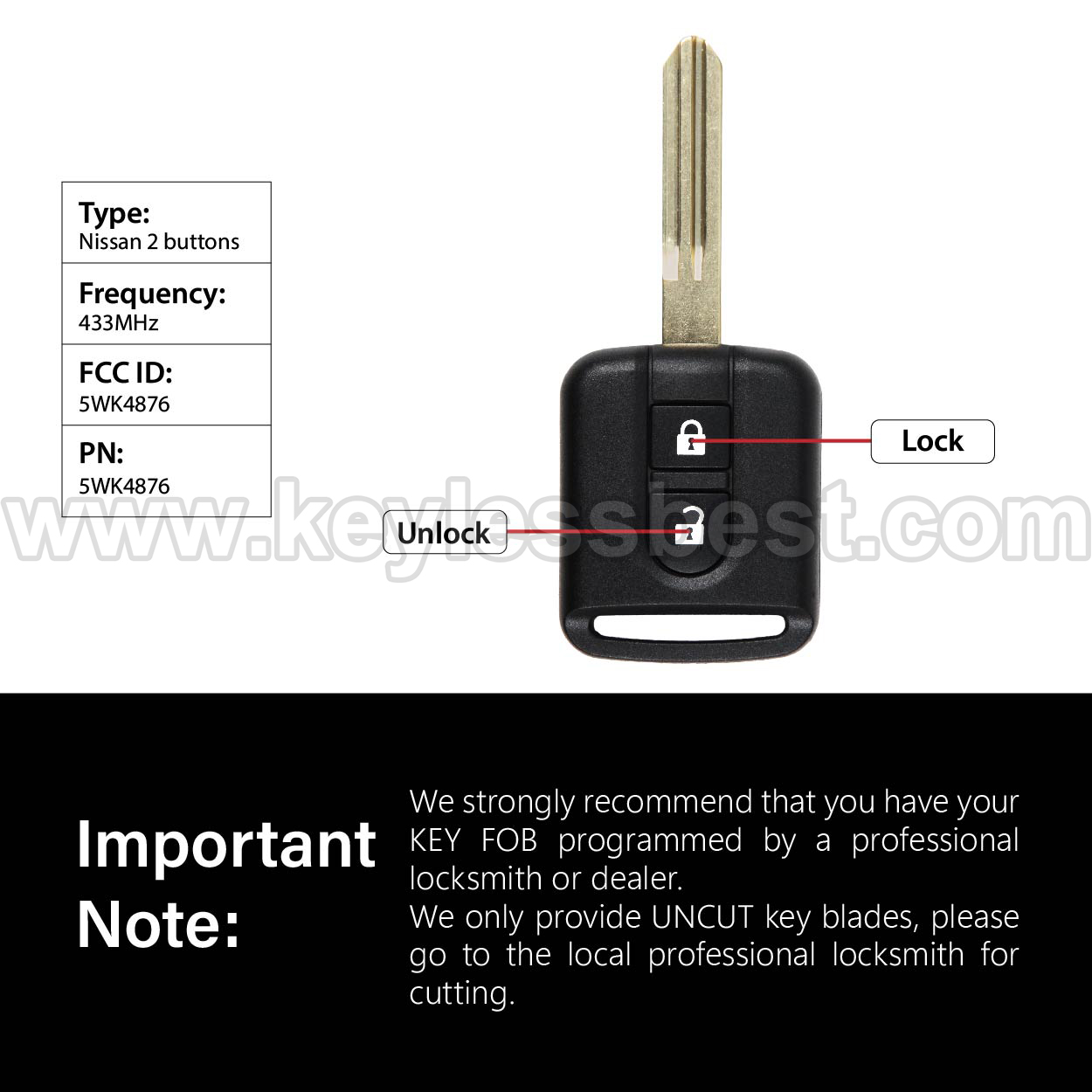 2002-2016 Renault Nissan Maxity Micra Navara D40M nota E11 Qashqai J10 Cabstar patrulla NV200 M20M Pathfinder x-trail T31 / 2 Buttons Keyless Entry Remote / 5WK4876 / PN:5WK4876 / 46 - Image 3