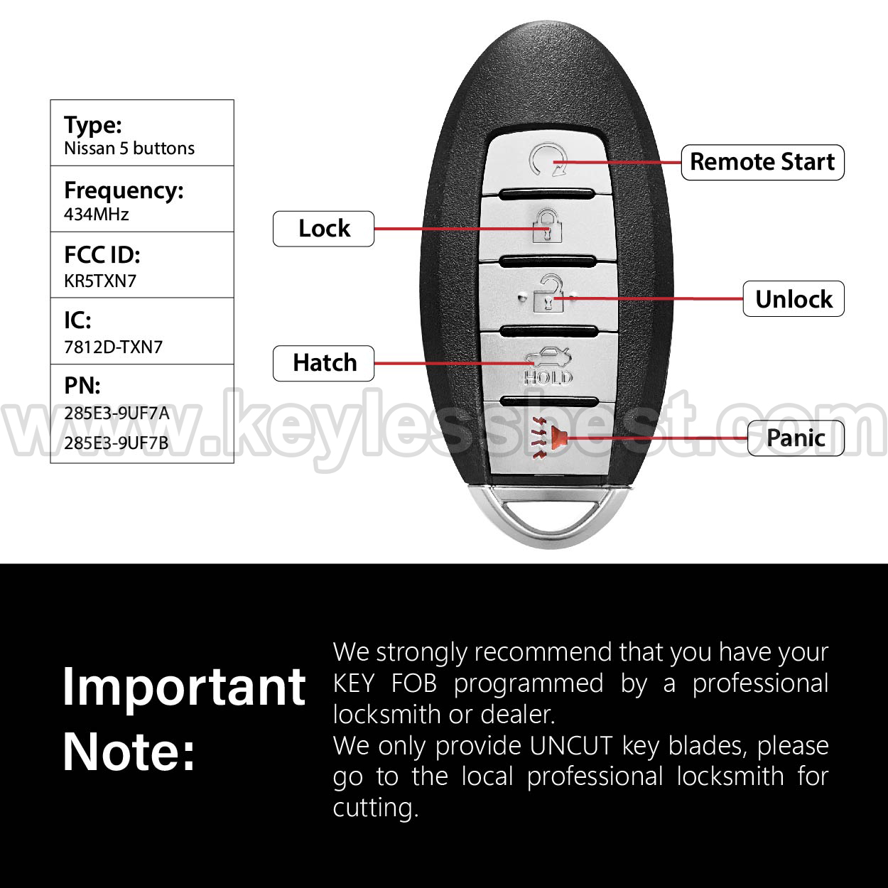 2019-2020 Nissan Maxima / 5 Buttons Keyless Entry Remote / KR5TXN7 / PN:285E3-9UF7A 285E3-9UF7B - Image 3