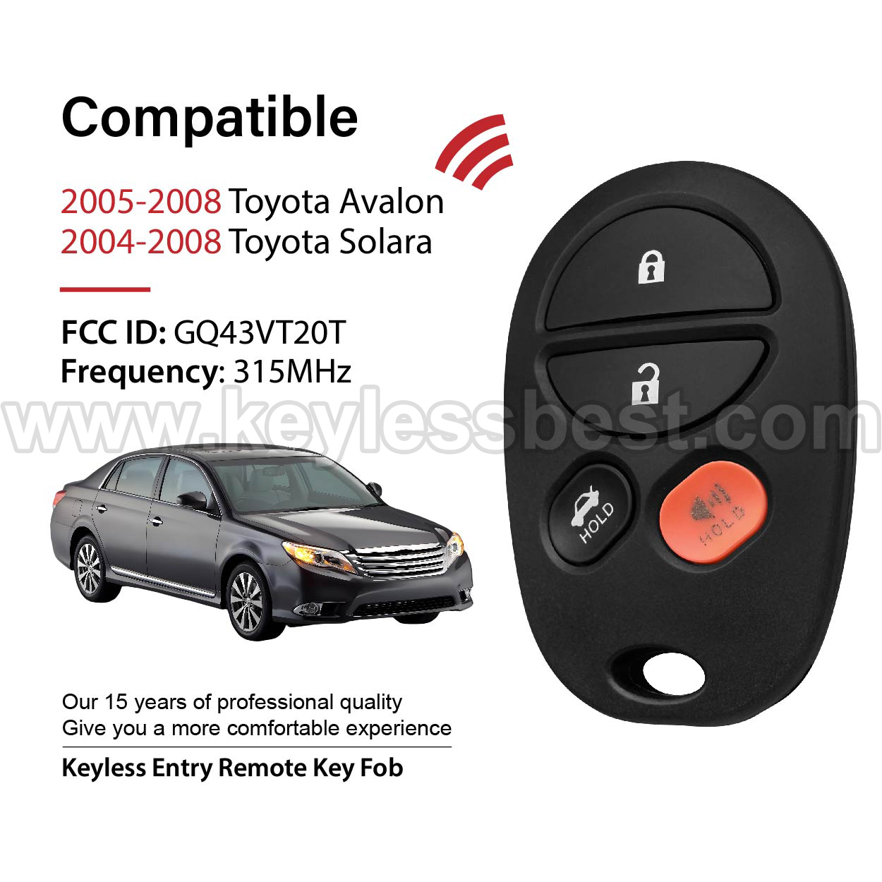 2004-2008 Toyota Avalon Solara / 4 Buttons Keyless Entry Remote / GQ43VT20T / PN: 1470A-1T, 89742-AA040, 89742-07020 - Image 2
