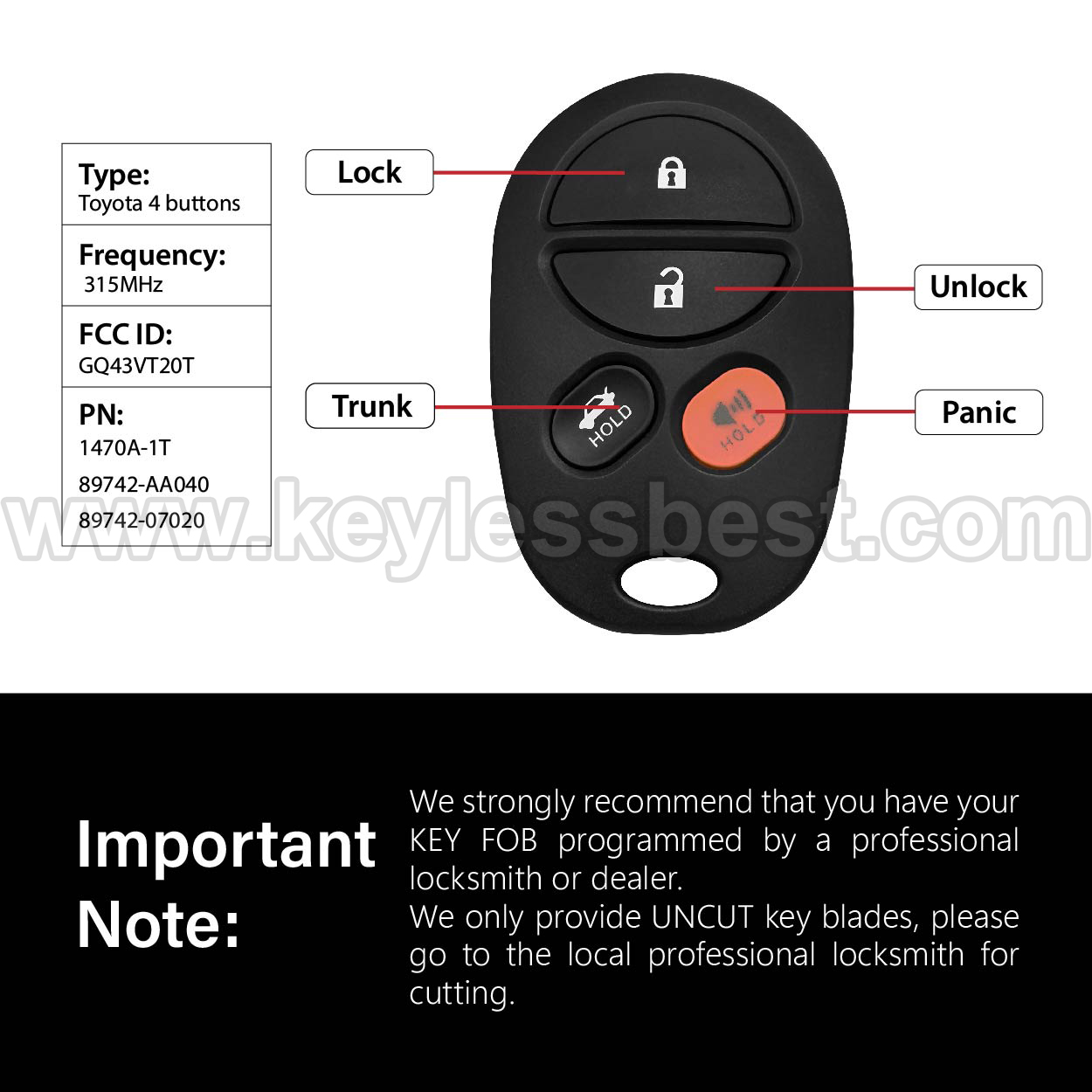 2004-2008 Toyota Avalon Solara / 4 Buttons Keyless Entry Remote / GQ43VT20T / PN: 1470A-1T, 89742-AA040, 89742-07020 - Image 3