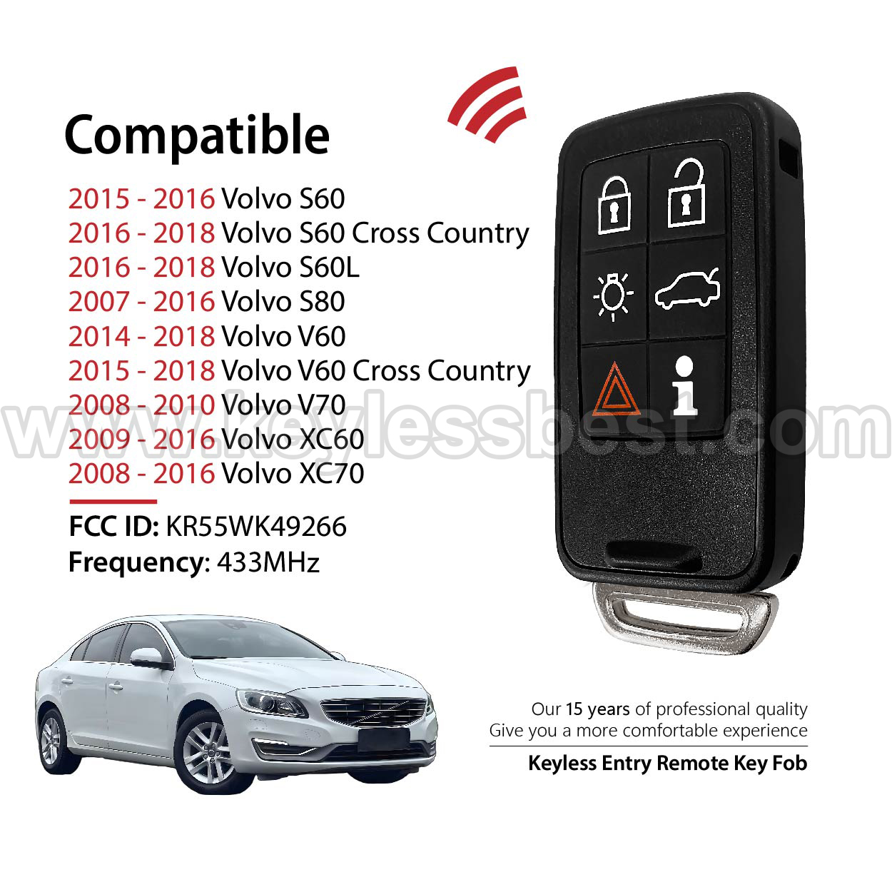 2007-2018 Volvo S60 S60 Cross Country S60L S80 V60 V60 Cross Country V70 XC60 XC70 / 6 Buttons Keyless Entry Remote / KR55WK49266 / PN: 30659498 / ID46 - Image 2