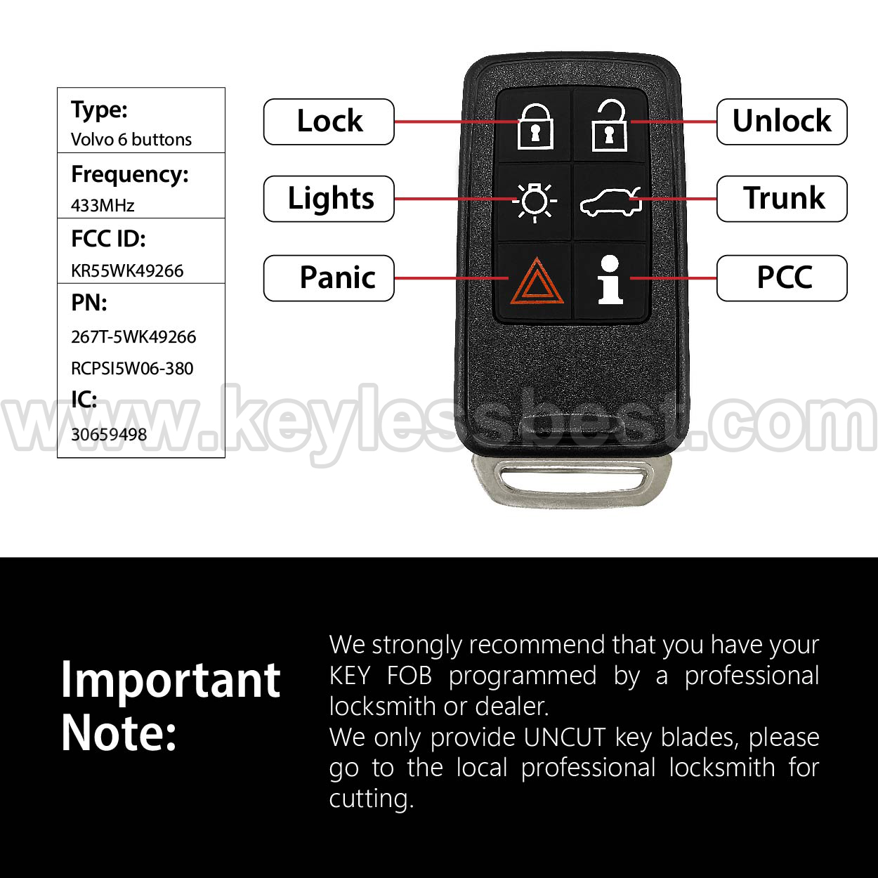 2007-2018 Volvo S60 S60 Cross Country S60L S80 V60 V60 Cross Country V70 XC60 XC70 / 6 Buttons Keyless Entry Remote / KR55WK49266 / PN: 30659498 / ID46 - Image 3
