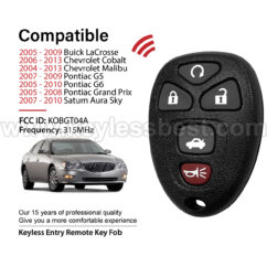 2004-2013 Buick Chevrolet Pontiac Saturn LaCrosse Cobalt Malibu G5 G6 Grand Prix Aura Sky / 5 Buttons Keyless Entry Remote / KOBGT04A / PN: 22733524
