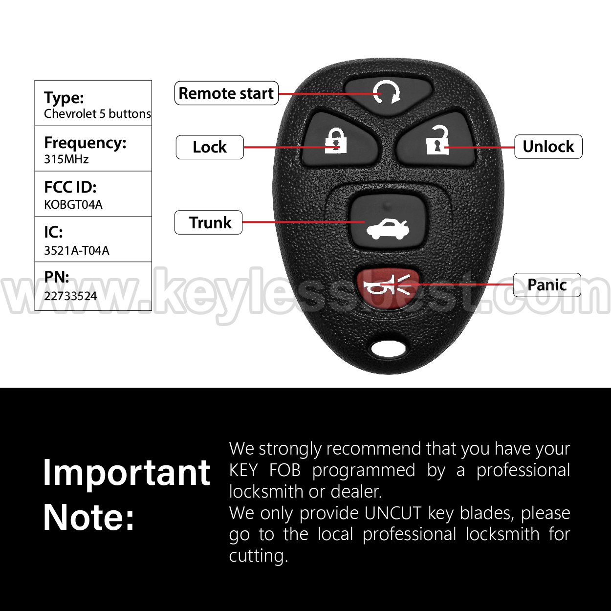 2004-2013 Buick Chevrolet Pontiac Saturn LaCrosse Cobalt Malibu G5 G6 Grand Prix Aura Sky / 5 Buttons Keyless Entry Remote / KOBGT04A / PN: 22733524