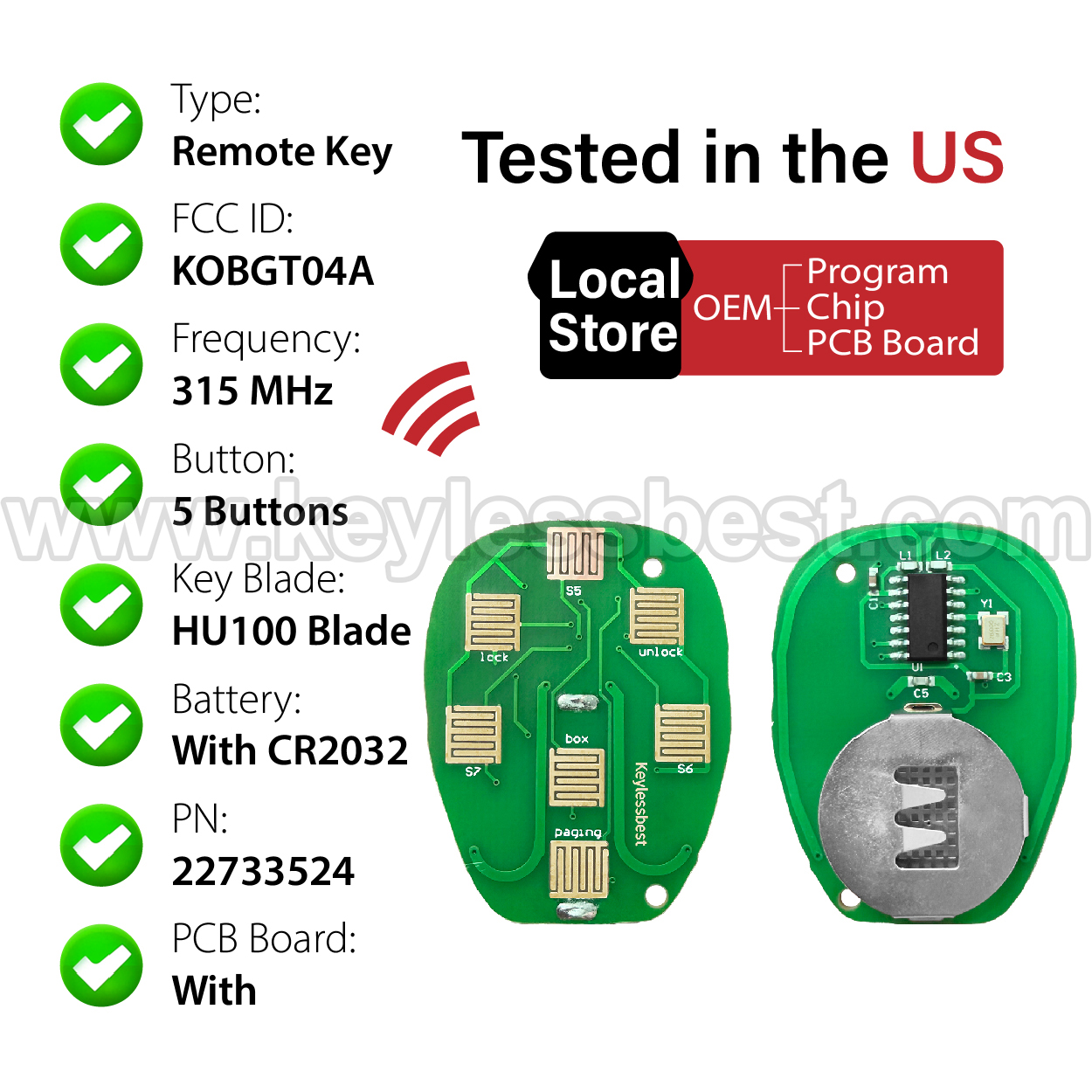 2004-2013 Buick Chevrolet Pontiac Saturn LaCrosse Cobalt Malibu G5 G6 Grand Prix Aura Sky / 5 Buttons Keyless Entry Remote / KOBGT04A / PN: 22733524