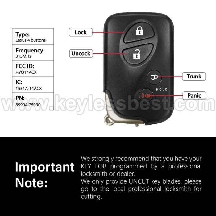 2005-2008 Lexus ES350 IS250 IS350 GS300 GS350 GS430 GS450h GS460 LS460 LS600h / 4 Buttons Keyless Entry Remote / HYQ14AAB / PN: 89904-30270 271451-0140