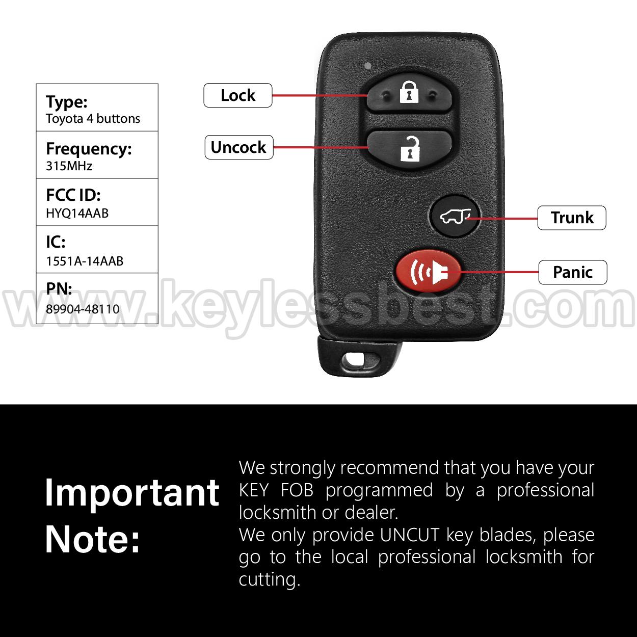 2007-2014 Toyota Highlander / 4 Buttons Keyless Entry Remote / HYQ14AAB / PN: 89904-48110