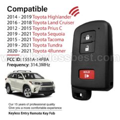 2012-2021 Toyota Highlander Land Cruiser Prius C Sequoia Tacoma Tundra 4Runner / 3 Buttons Keyless Entry Remote / HYQ14FBA / PN: 89904-0E091 89904-60J70 89904-0E090 89904-60J70R