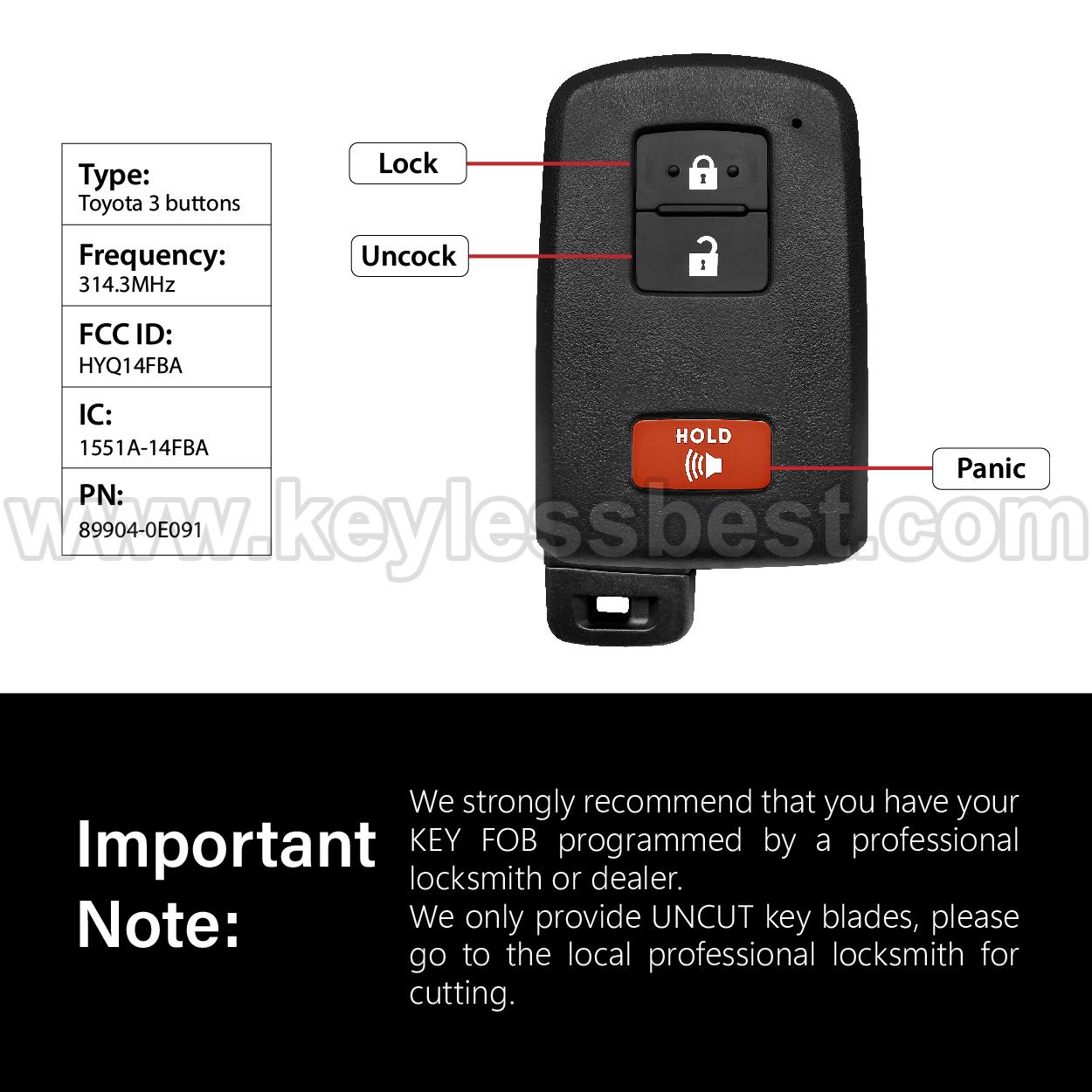 2012-2021 Toyota Highlander Land Cruiser Prius C Sequoia Tacoma Tundra 4Runner / 3 Buttons Keyless Entry Remote / HYQ14FBA / PN: 89904-0E091 89904-60J70 89904-0E090 89904-60J70R